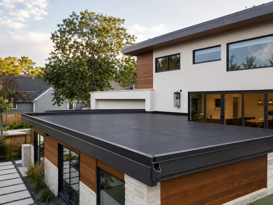 Modern American home with flat low slope roofing