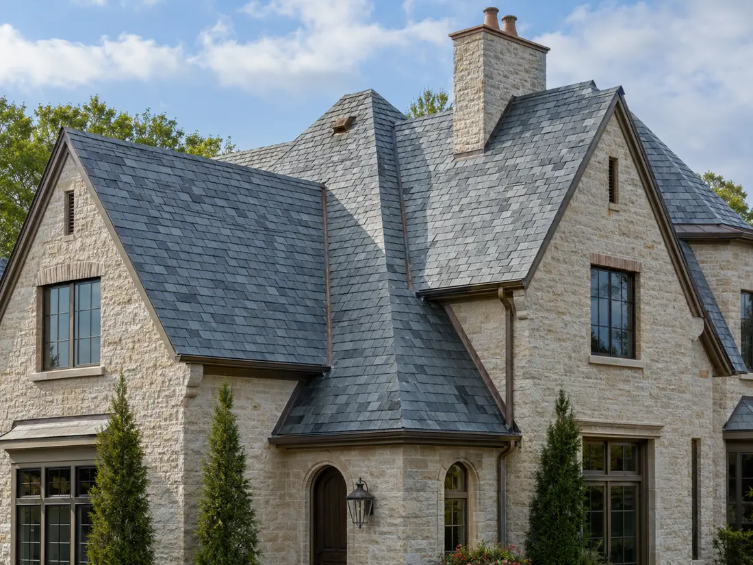 American home with natural slate roofing