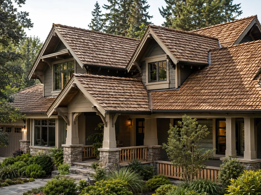 American home with cedar wood shake roofing