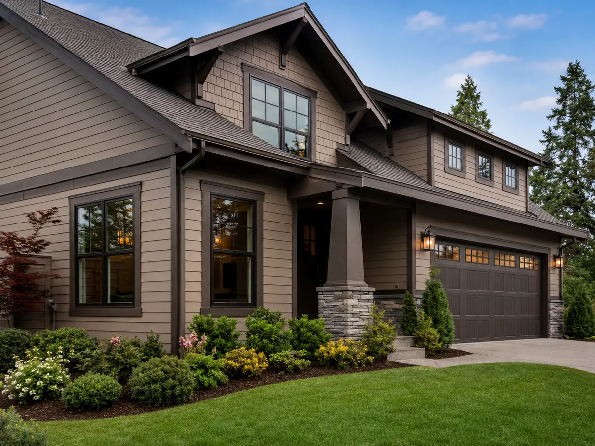 Upscale home finished with taupe composite lap and shake siding