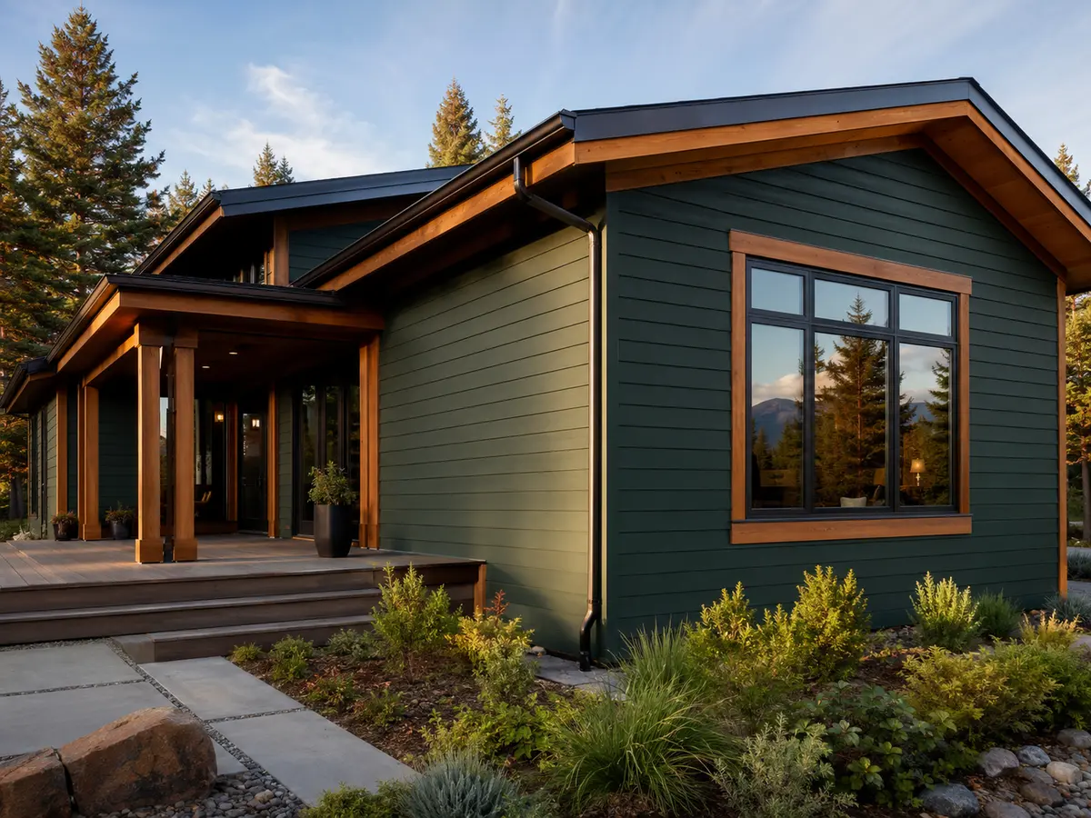 Contemporary home with deep green engineered wood siding