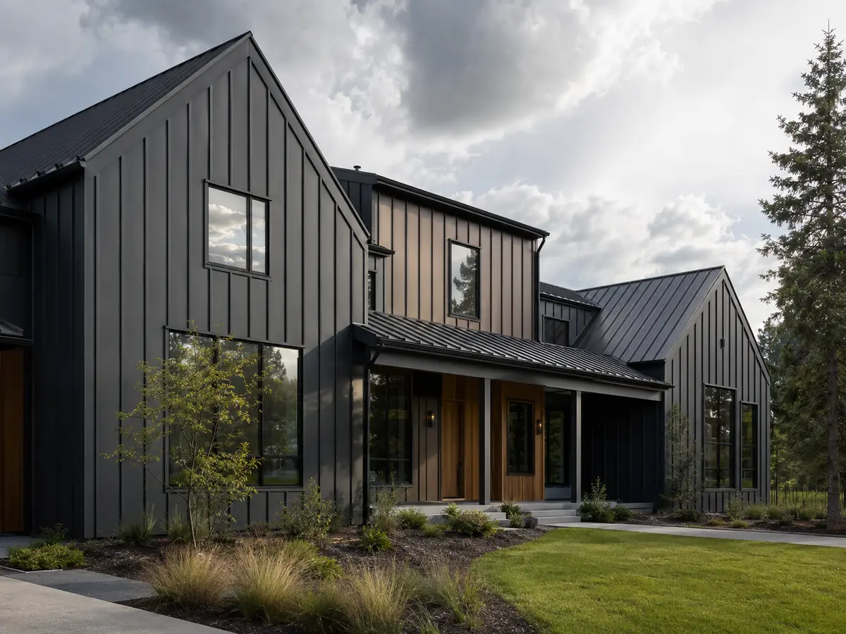 Modern residence with charcoal standing-seam metal wall siding