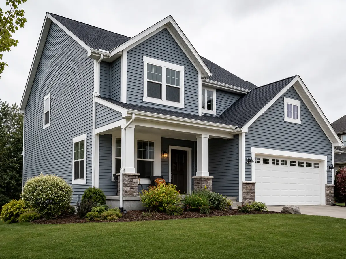 American home finished with gray-blue vinyl lap siding