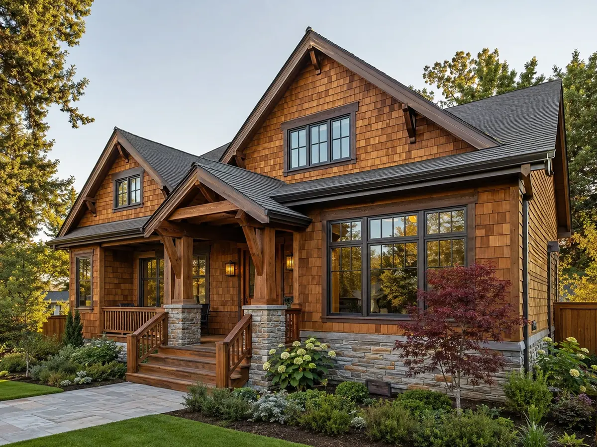 Craftsman home with natural cedar wood siding and shingles