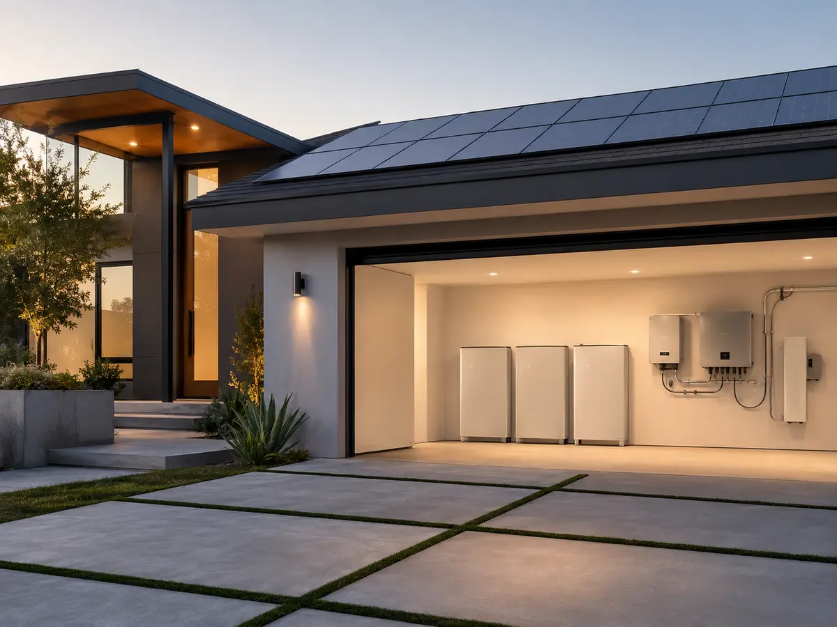 Modern home with rooftop solar panels and wall-mounted battery storage