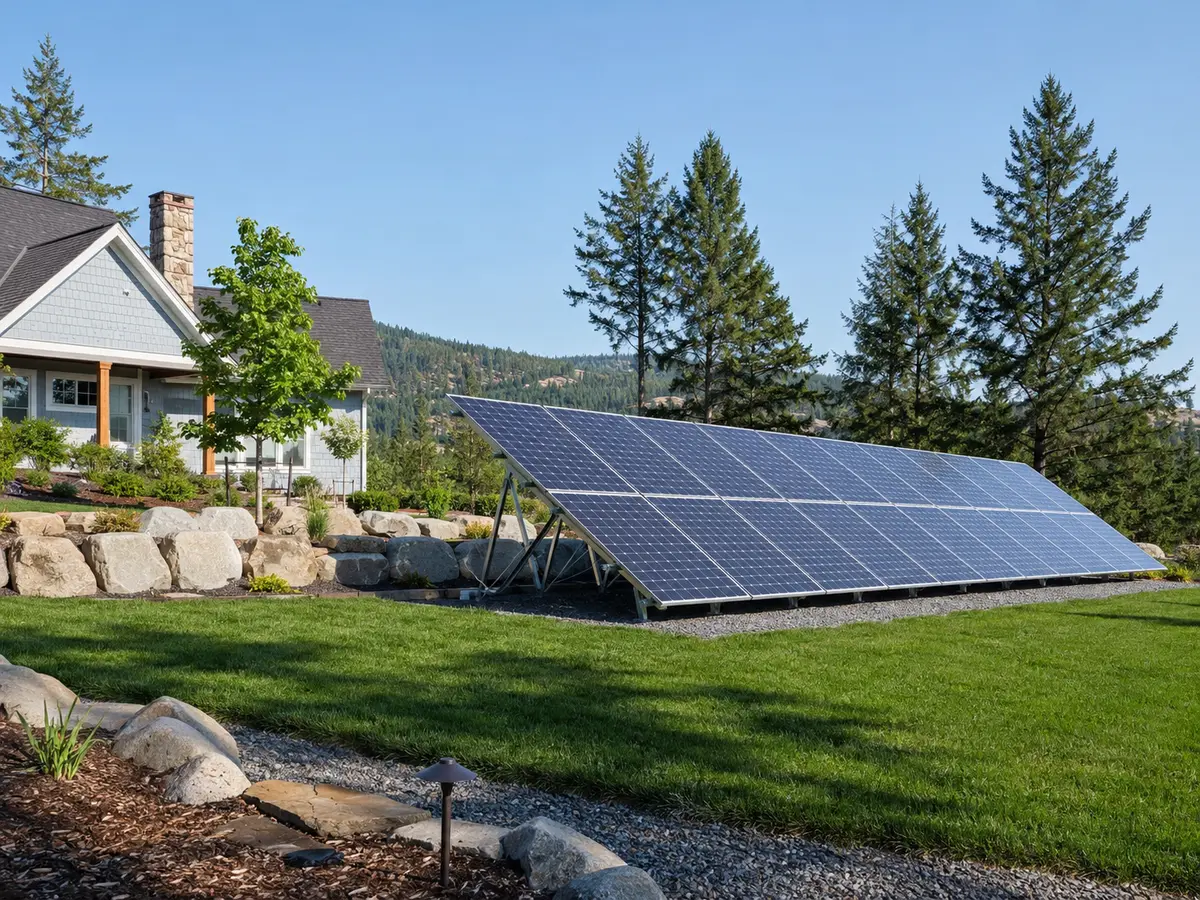 Ground-mounted residential solar array beside a home