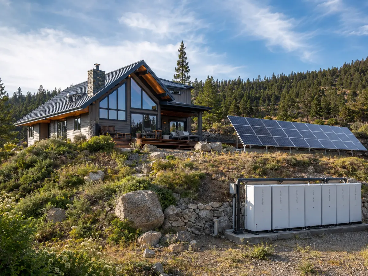 Off-grid home with solar array and battery equipment