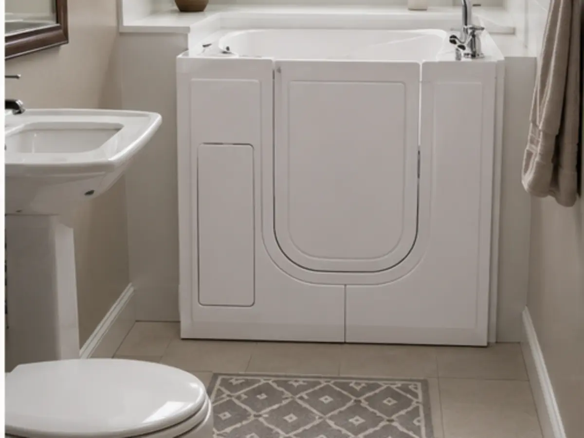 Compact walk-in bathtub in a small bathroom