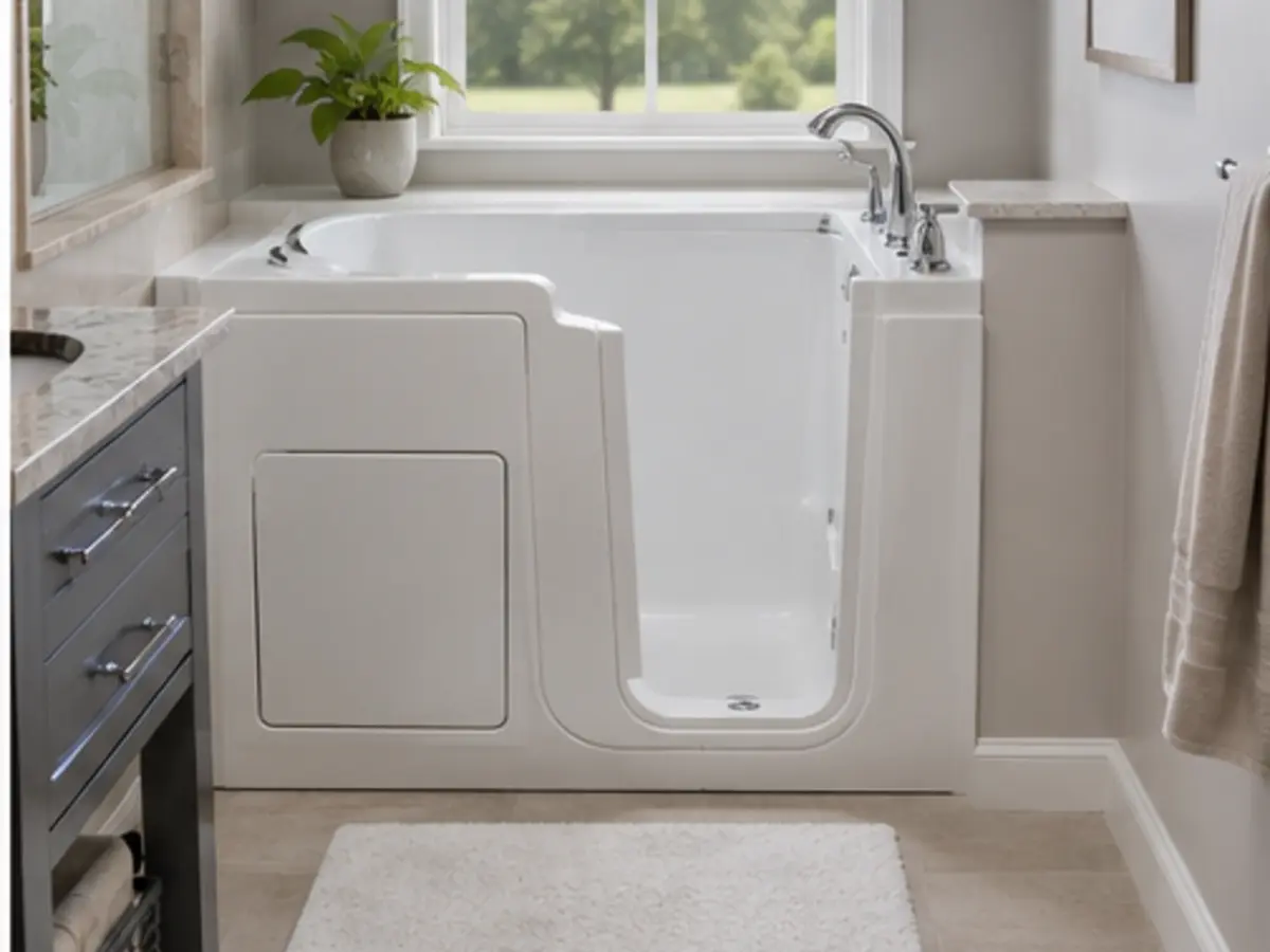 Soaking walk-in bathtub in a finished bathroom