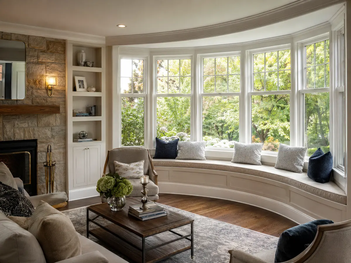 Bay and bow window with a built-in seat