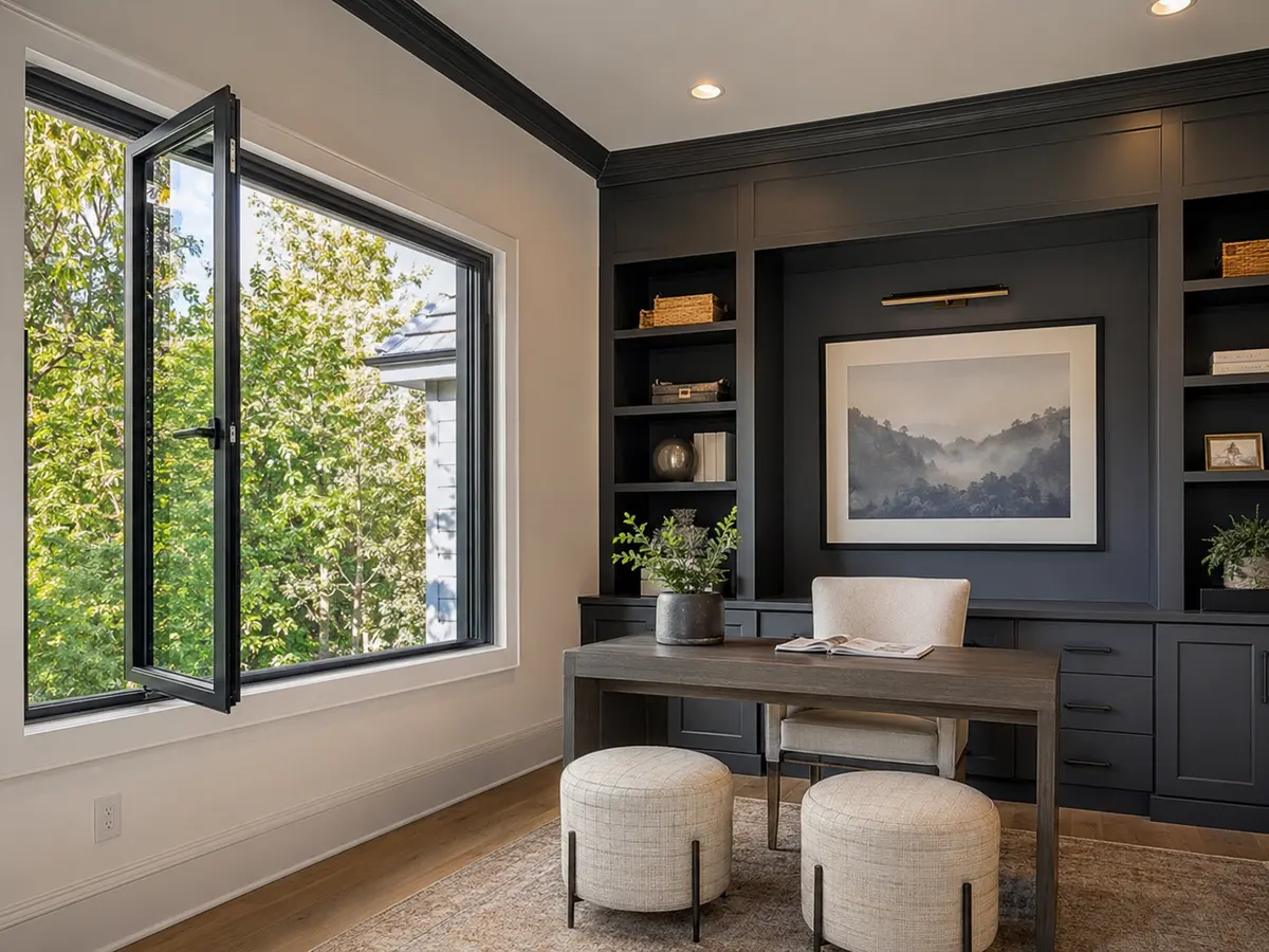 Side-hinged casement window opened outward in a home office