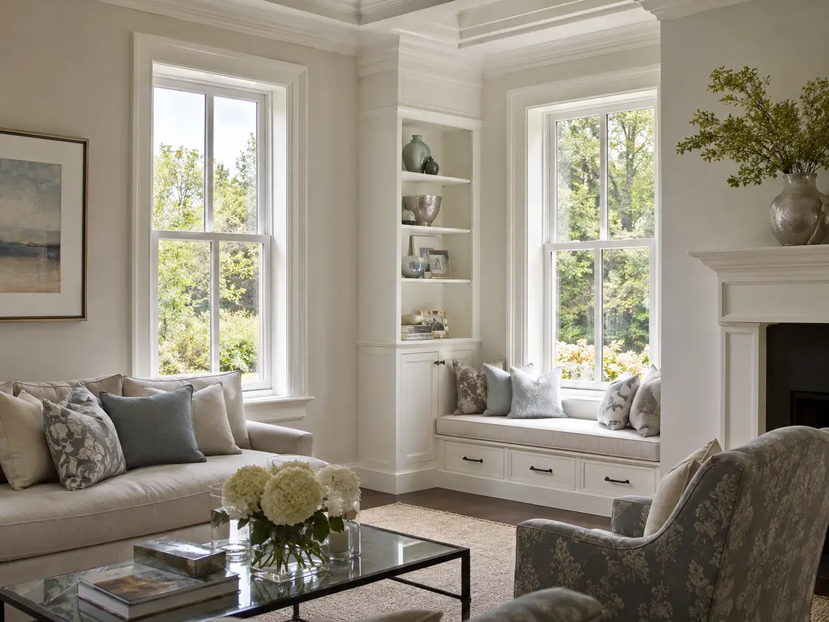 Double-hung windows in a bright living room