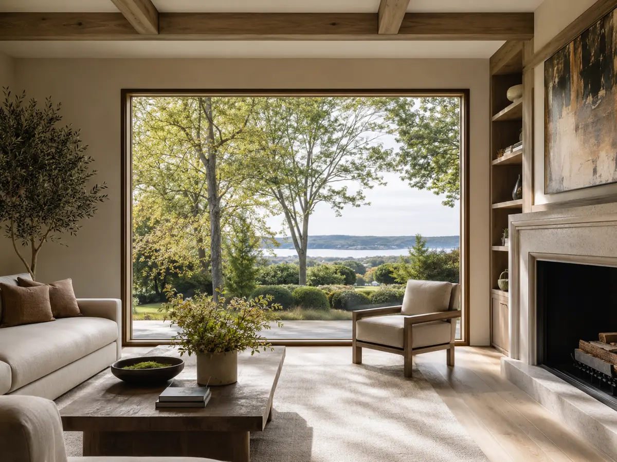 Large fixed picture window framing a landscaped view
